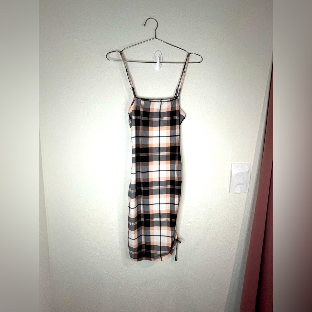 Justify Plaid Bodycon Mini Dress Spaghetti Straps Ruched Side Y2K Trendy Small